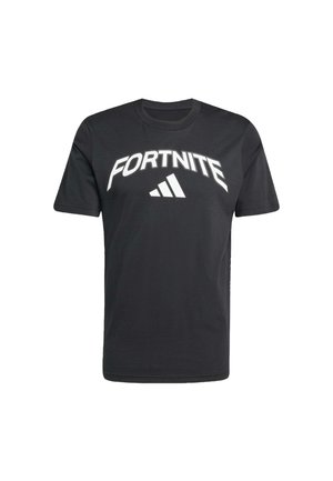 Camiseta de algodón de Manga Corta Negra, con gran texto blanco "FORTNITE" y un logo de Adidas. Diseño simple con cuello redondo.