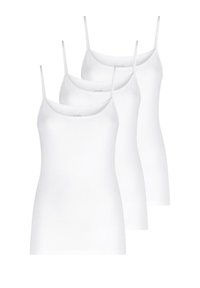 Tre canotte bianche in cotone con spalline sottili, caratterizzate da un design semplice e una consistenza liscia, adatte per essere indossate a strati o per look casual.
