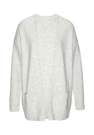 Soft light gray open-front cardigan with long sleeves and two front pockets, made from a textured knit fabric.