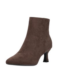 Botín de ante marrón con puntera puntiaguda, tacón stiletto corto, textura suave y diseño minimalista. Adecuado para estilos versátiles.