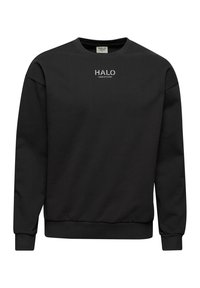 Czarna bluza wykonana z miękkiego materiału, z okrągłym dekoltem, długimi rękawami oraz małym białym logo "HALO" na klatce piersiowej.