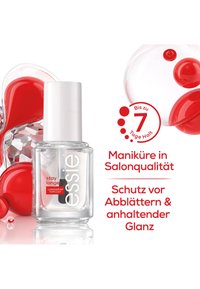 Bottiglia di smalto trasparente con tappo bianco. Presenta il marchio "essie" e l'etichetta "stay longer". Accenti grafici rossi e bolle sullo sfondo.