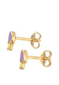 Guldtonede studøreringe med et lilla og gult emaljedesign, der har en rund form og sikker lukning på bagsiden.