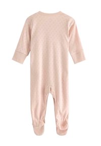 Bladoróżowy kombinezon z długim rękawem, teksturowanym wzorem, zapięciem na napy u dołu oraz z nogawkami, zapewniający komfort i ciepło.