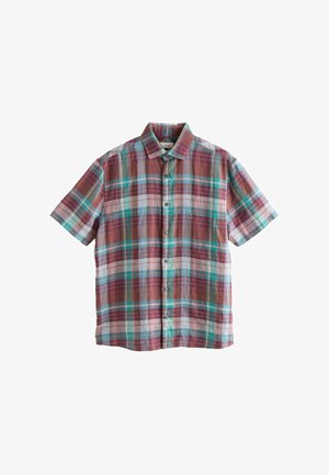 Koszula na guziki z krótkim rękawem w wielokolorową kratę w odcieniach czerwieni, turkusu i bieli na białym tle.