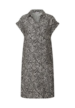 Kortærmet kjole med krave, prydet med sort-hvid zebra-mønster. Lavet af letvægtsstof med A-formet silhuet og knælang nederdel.