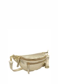 Banane métallique dorée, en forme ovale, dotée d'un compartiment principal avec fermeture éclair et d'une petite poche avant zippée ; sangle réglable et quincaillerie en métal.