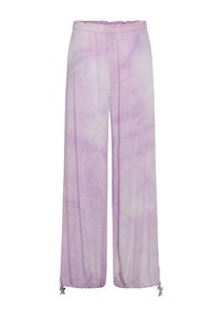 Flödande lavendelbyxor med ett tie-dye-mönster, elastisk midja och samlade manschetter, som visar upp en mjuk tygtextur.