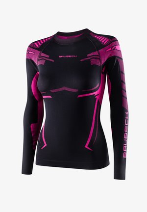 Dopasowana do ciała koszulka sportowa z długim rękawem w kolorze czarnym z różowymi geometrycznymi wzorami, kontrastowymi szwami i logo marki na rękawie.