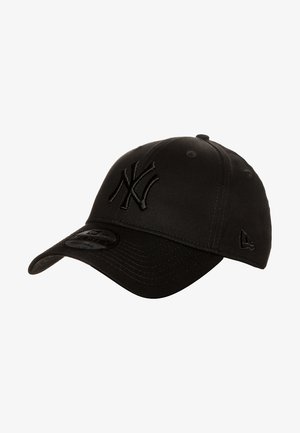 Black baseball cap with an embroidered New York Yankees logo, curved brim, and six panel design, made from durable fabric. Adjustable strap at back.