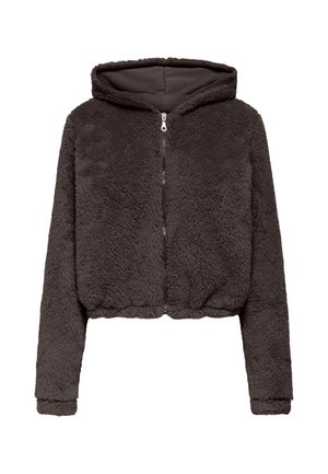 Dunkelbraune, kurz geschnittene Kapuzenjacke mit langen Ärmeln aus weichem, flauschigem Stoff, mit Reißverschluss vorne.