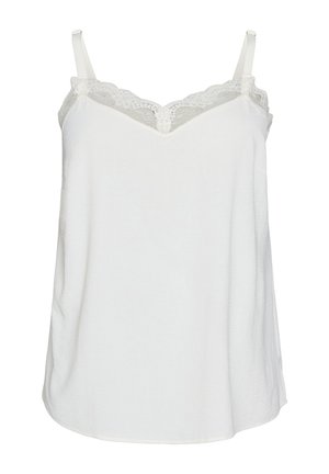 Valge varrukateta kampsun pitsist äärisega kaeluse ääres ja reguleeritavate õlapaeltega, esitatud lihtsal taustal.