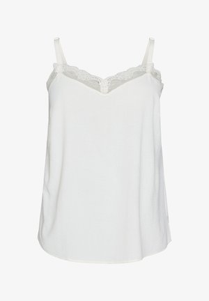 Weißes ärmelloses Camisole mit Spitzenbesatz entlang des Halsausschnitts und verstellbaren Schulterriemen, dargestellt auf einem einfarbigen Hintergrund.