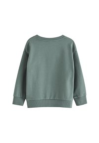 Zielony bawełniany sweatshirt z okrągłym dekoltem, długimi rękawami oraz ściągaczami przy mankietach i u dołu. Zaprojektowany w luźnym kroju i z miękkiej tekstury.