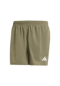 Olive green athletic shorts made of lightweight fabric, featuring an elastic waistband and white logo on the lower left side.