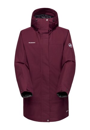 Lång bourgogne vattentät vinterjacka med huva, justerbara ärmmuddar, frontdragkedja täckt av en flap och Mammut-logotyp på bröstet och ärmen.