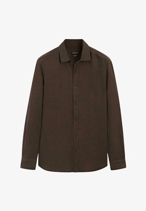 Dark brown long-sleeve button-up shirt with collar, plain design, and buttoned cuffs shown flat on white background.