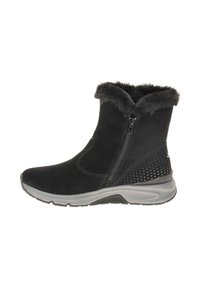 Zwarte enkellaarsjes van suede met een nepbont kraag, zijrits en een gestructureerde grijze loopzool met geperforeerde accenten op de hak.