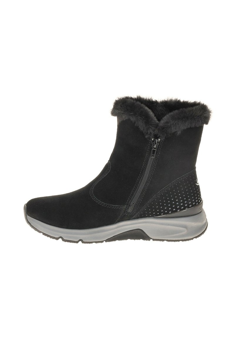 Zwarte enkellaarsjes van suede met een nepbont kraag, zijrits en een gestructureerde grijze loopzool met geperforeerde accenten op de hak.