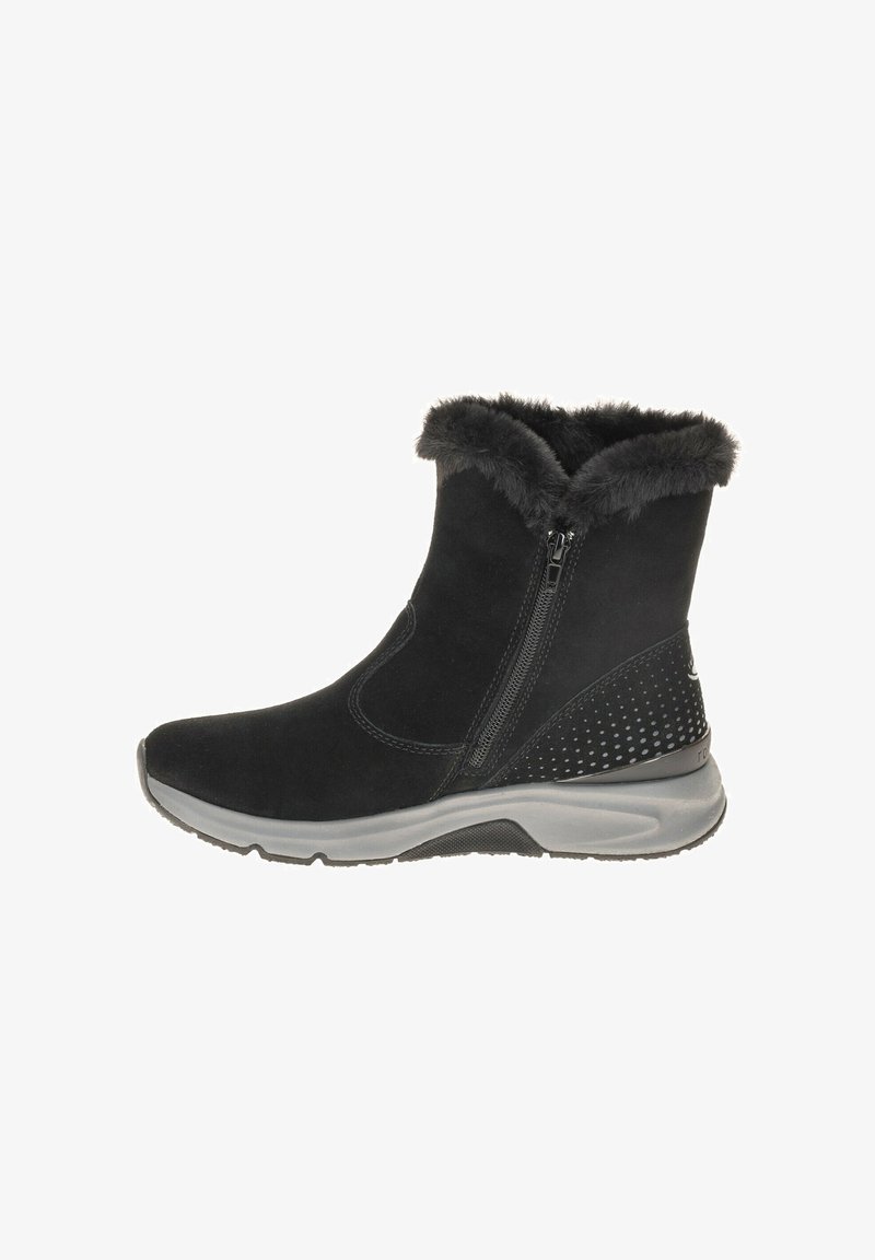 Zwarte enkellaarsjes van suede met een nepbont kraag, zijrits en een gestructureerde grijze loopzool met geperforeerde accenten op de hak.