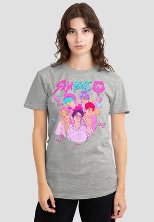 Gray cotton t-shirt featuring a colorful graphic print of five stylized characters and text, with vibrant pink and teal accents.