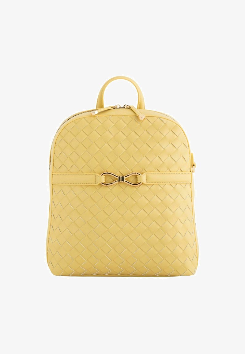 Yellow leather backpack with woven design, zip closure, top handle, and gold hardware accent. Features a horizontal bow detail on front.