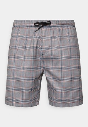 Shorts de bain à carreaux gris avec une ceinture à cordon, présentant des accents rouges et bleu marine, une texture lisse et une coupe à hauteur du genou.
