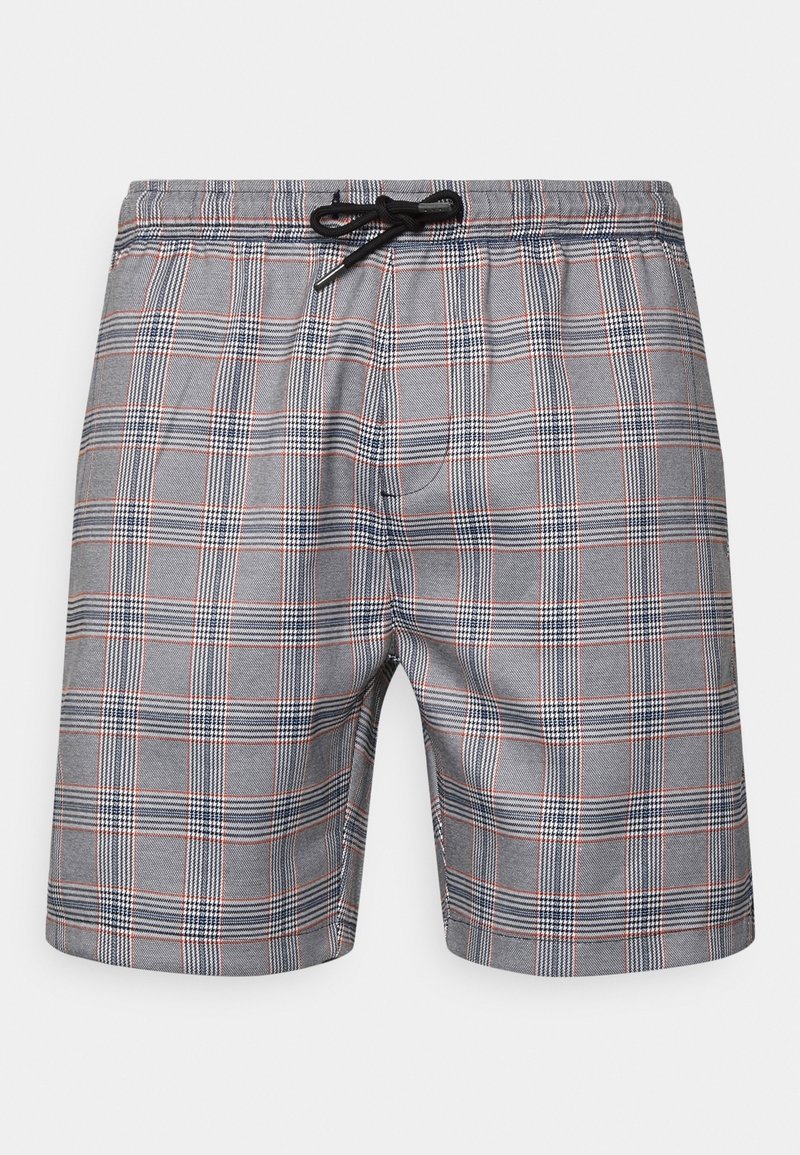 Shorts de bain à carreaux gris avec une ceinture à cordon, présentant des accents rouges et bleu marine, une texture lisse et une coupe à hauteur du genou.