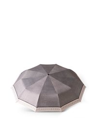 Ombrello grigio con otto pannelli, tessuto testurizzato e una bordatura di colore chiaro con il marchio lungo il bordo. Mozzo centrale visibile.