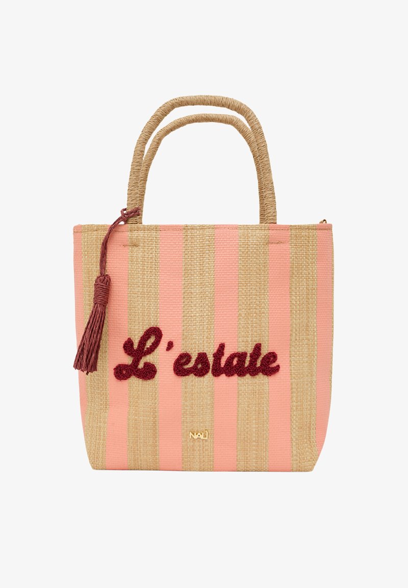 Vävd tote-väska med rosa och beige ränder. Har en tofs och broderad "L'estate" i vinrött. Robust handtag, rektangulär form.