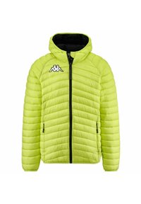 Giacca puffer verde lime con cappuccio, dotata di una cerniera nera e tasche laterali. Logo Kappa in bianco ben visibile nell'area del petto sinistro.
