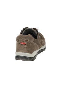Brown suede sneakers with textured sides, a padded collar, and a flexible black sole; features a red logo accent on the heel.