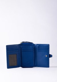 Blue leather wallet with multiple card slots, clear ID window, and a snap closure. Textured interior with a smooth exterior finish.