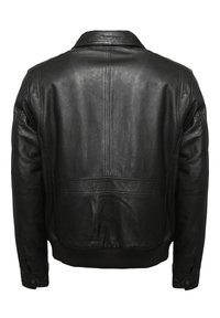 Zwarte leren jas met een gladde textuur, geribbelde zoom en kraag. Kenmerken zijn onder andere gestikte details en drukknopen op de mouwen.