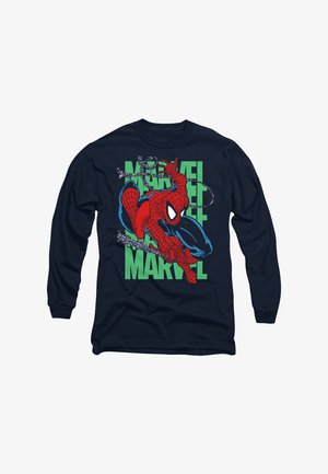 Long sleeve navy shirt featuring a red Spider-Man graphic with a web, set against green text. The design is bold and vibrant, with comic style elements.