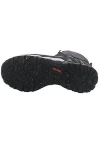 Botte de randonnée noire avec une semelle en caoutchouc robuste comportant des rainures profondes et divers motifs texturés. Logo de la marque visible sur la zone du talon.