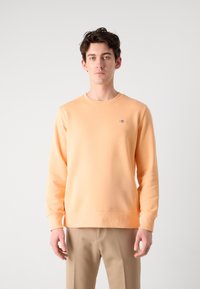 Orange sweatshirt with a round neckline, ribbed cuffs, and hem. Features a small logo on the chest. Worn with light beige pants.