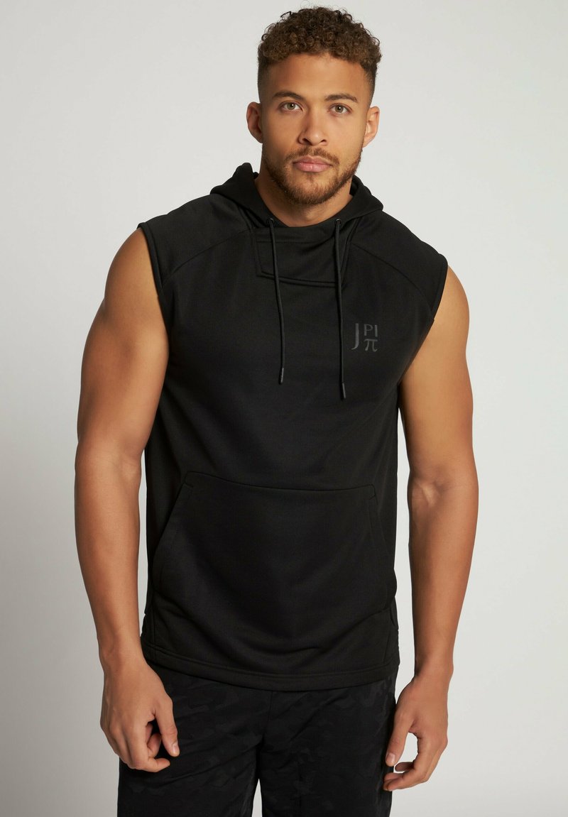 Sort ærmeløs hoodie lavet af en bomuldsblanding, med en frontfleece lomme, hætte med snore og en diskret logo detalje.