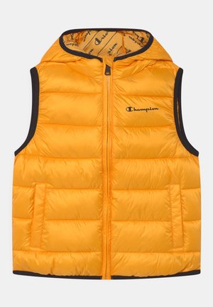 Veste sans manches matelassée jaune avec capuche, équipée d'une fermeture éclair avant, deux poches latérales, et une bordure noire. Intérieur doublé d'un motif de marque.