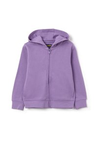 Felpa con zip viola, dal texture morbido, dotata di cappuccio, polsini e orlo a costine. Design semplice, senza motivi o accenti visibili.