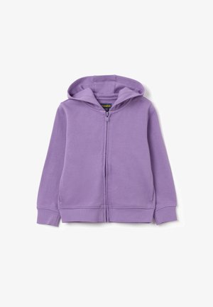 Felpa con zip viola, dal texture morbido, dotata di cappuccio, polsini e orlo a costine. Design semplice, senza motivi o accenti visibili.