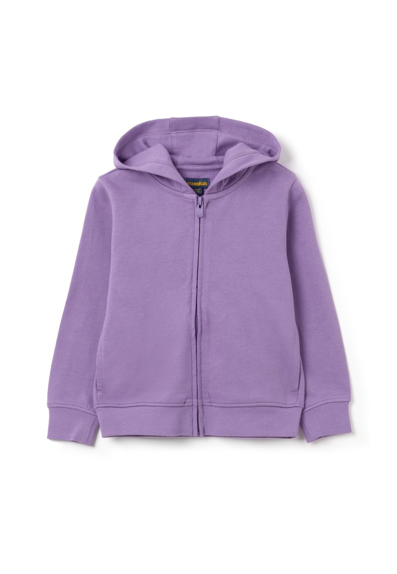 Felpa con zip viola, dal texture morbido, dotata di cappuccio, polsini e orlo a costine. Design semplice, senza motivi o accenti visibili.
