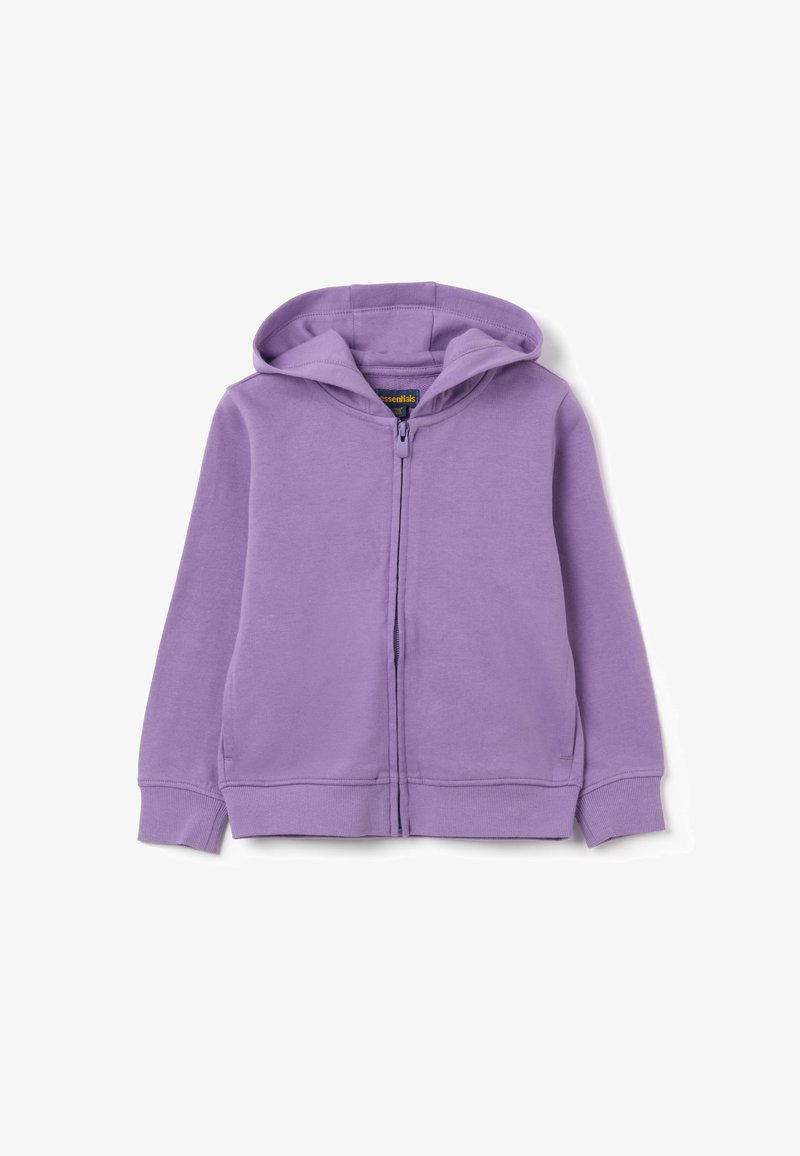 Sudadera morada con cremallera y textura suave, que cuenta con capucha, puños y dobladillo acanalados. Diseño simple, sin patrones ni acentos visibles.
