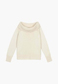 Pull crème avec un col roulé large, des manches longues et des bords côtelés aux poignets et à l'ourlet. Fabriqué en tissu tricoté doux, avec un design texturé.
