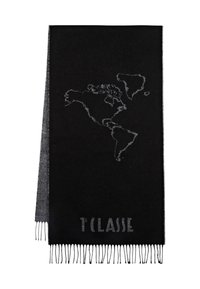 Sciarpa nera in lana con una mappa argentata delle Americhe e dettagli con frange alle estremità; testo "T'CLASSE" tessuto in argento nella parte inferiore.