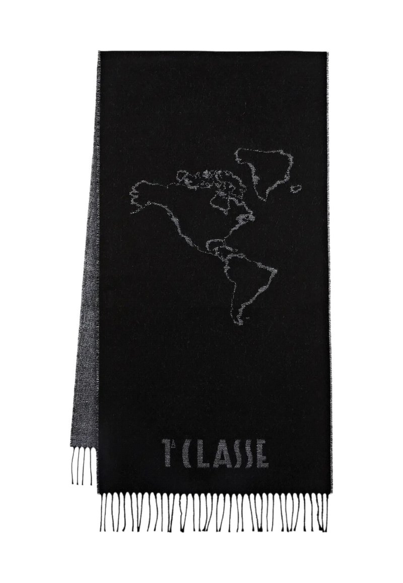 Sciarpa nera in lana con una mappa argentata delle Americhe e dettagli con frange alle estremità; testo "T'CLASSE" tessuto in argento nella parte inferiore.