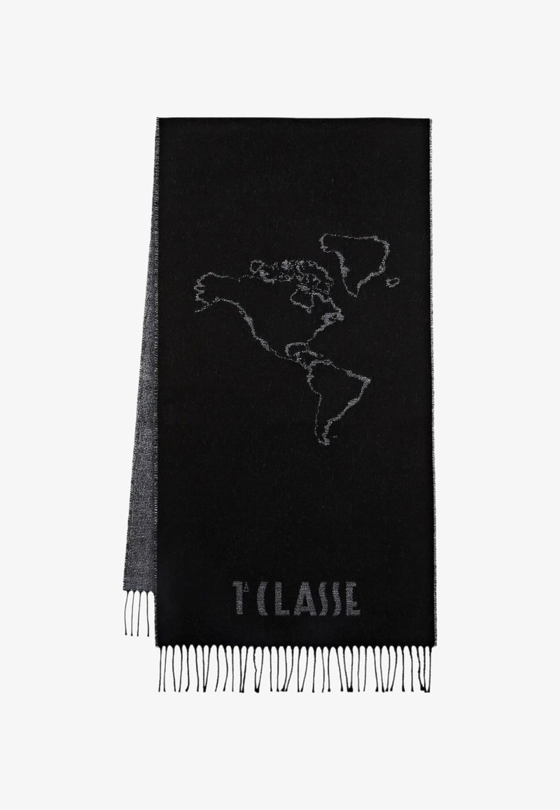 Sciarpa nera in lana con una mappa argentata delle Americhe e dettagli con frange alle estremità; testo "T'CLASSE" tessuto in argento nella parte inferiore.