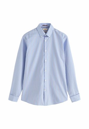 Light blue and white vertical striped long-sleeve button-up shirt with button-down collar and white buttons, laid flat on a white background.