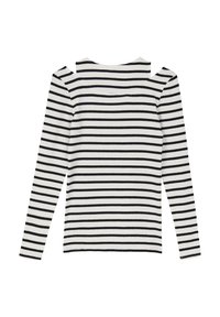 Weiße Langarm-Ripp-Shirt mit schwarzen horizontalen Streifen und quadratischem Ausschnitt, flach auf einem weißen Hintergrund ausgelegt.