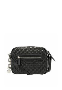 Borsa a tracolla in pelle nera trapuntata con zip argentata, tracolla regolabile e charm removibile. Presenta una tasca con zip sul davanti.